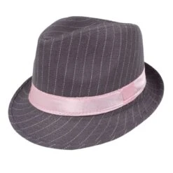 Gangster Fedora Grey Pinstripe With Pink Band Hat 9115